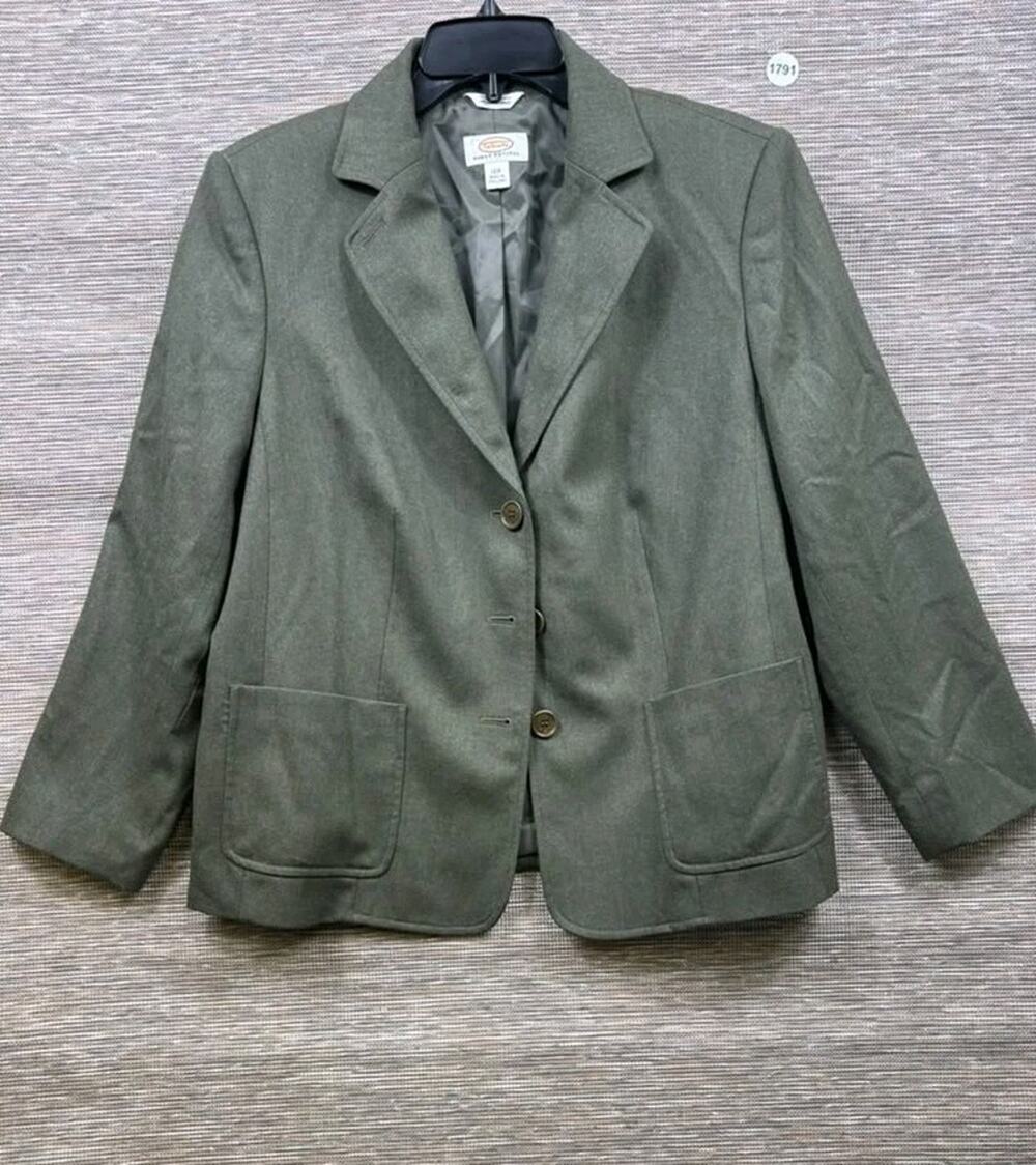 Talbots Wool Blazer Jacket Womens 12W Olive Green 3 Buttons Stretch ITALY Made